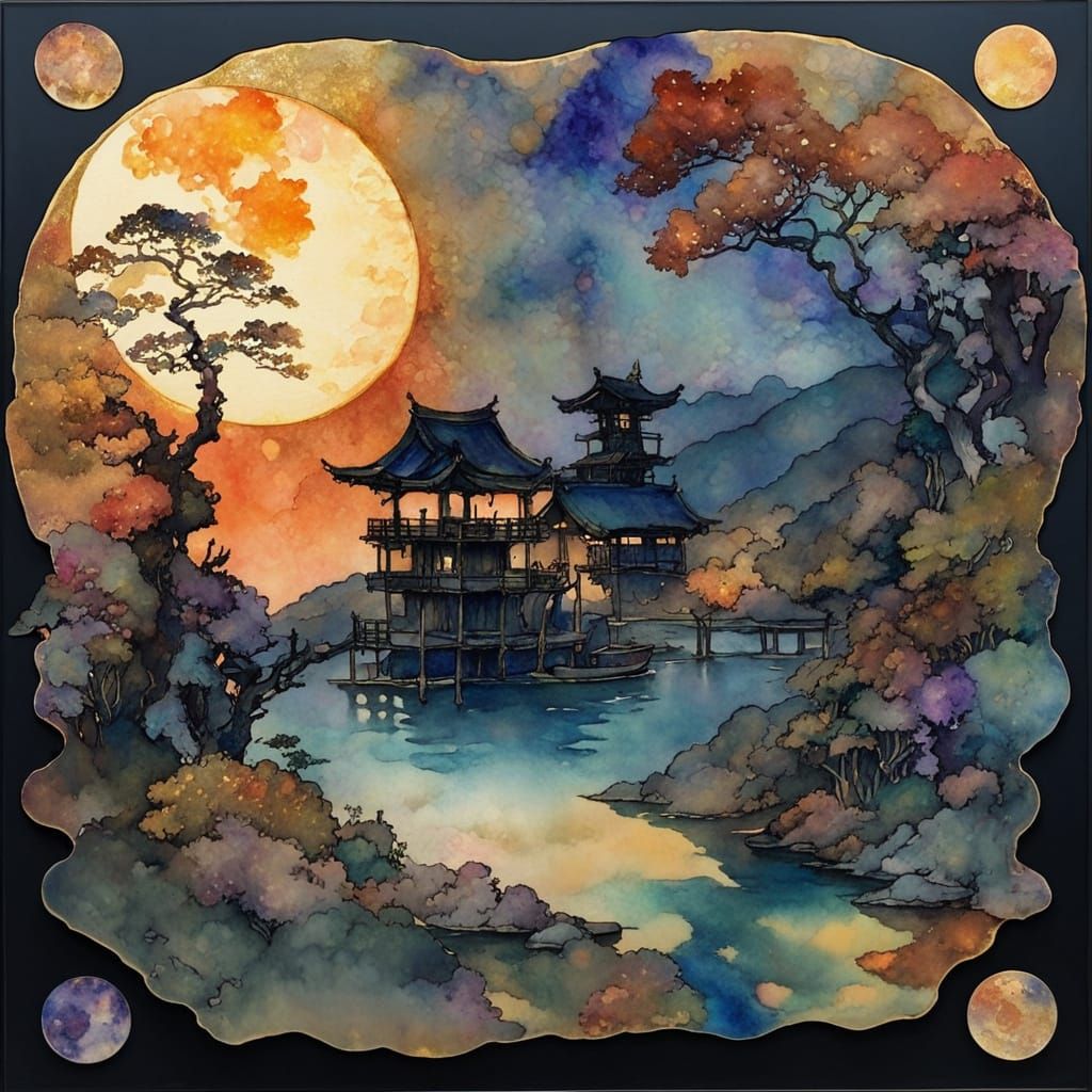 Glowing Harbor Scene in Vibrant Alcohol Ink Style