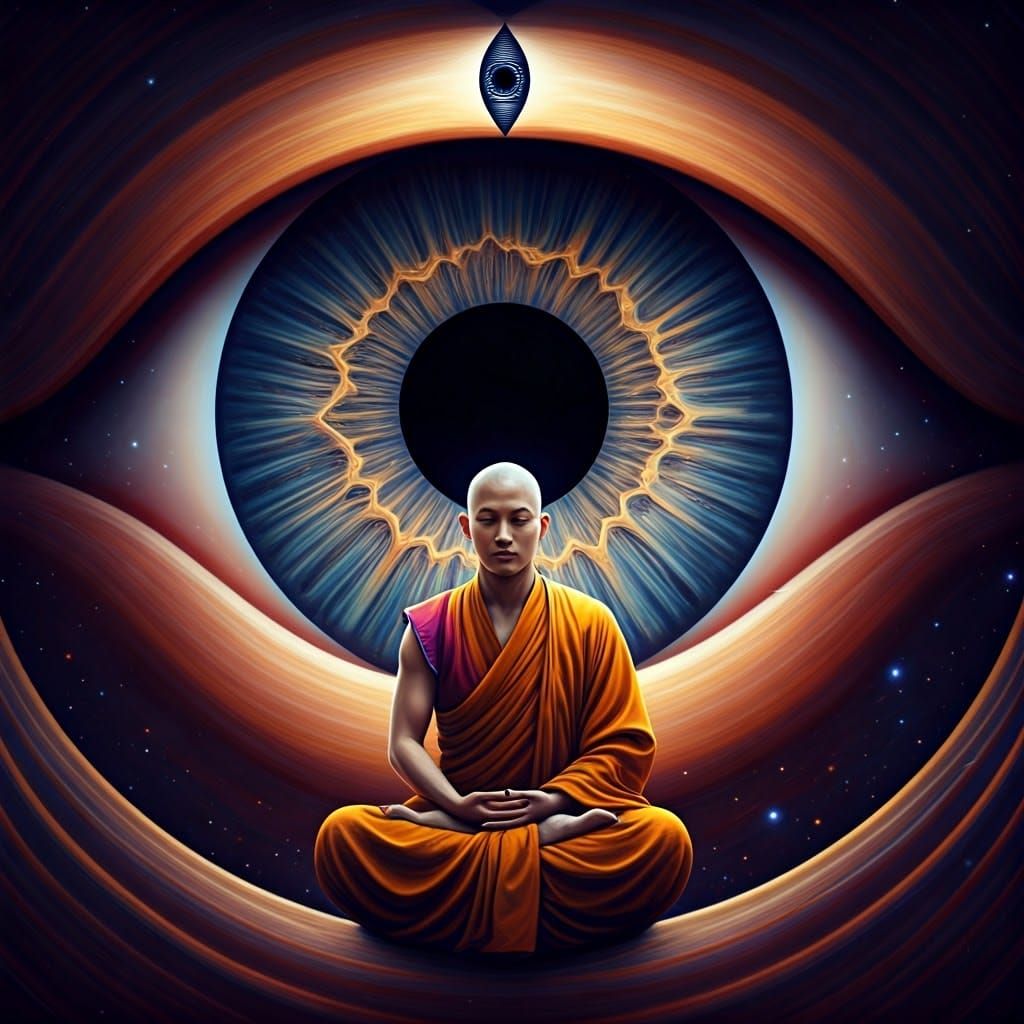 Monk Meditating in Ethereal Third Eye as Thangka Art