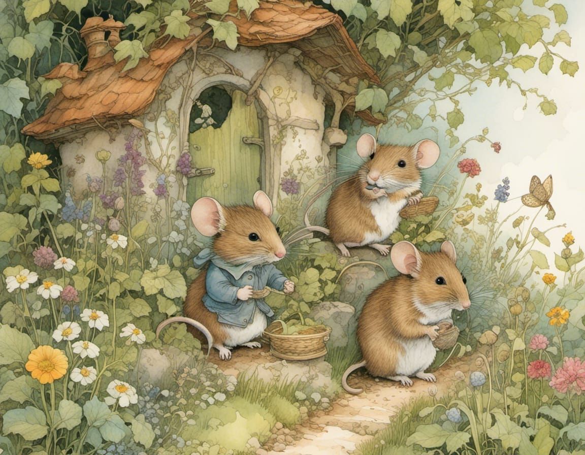 Charming Mouse Family Gardening in Watercolor Style