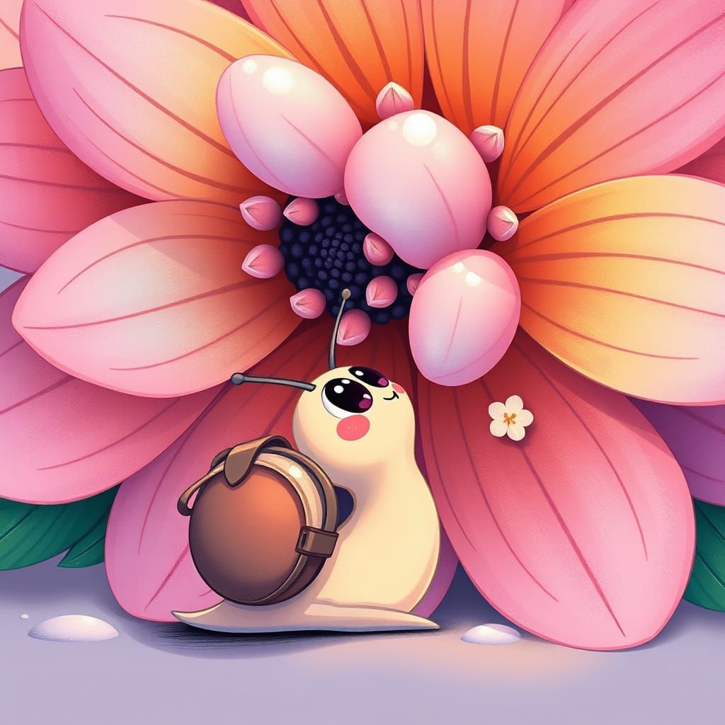 Pastel Cartoon Snail and Giant Flower