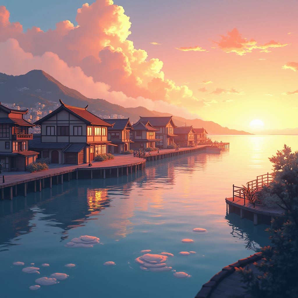 Serene Waterside Town at Dawn in Manga Style
