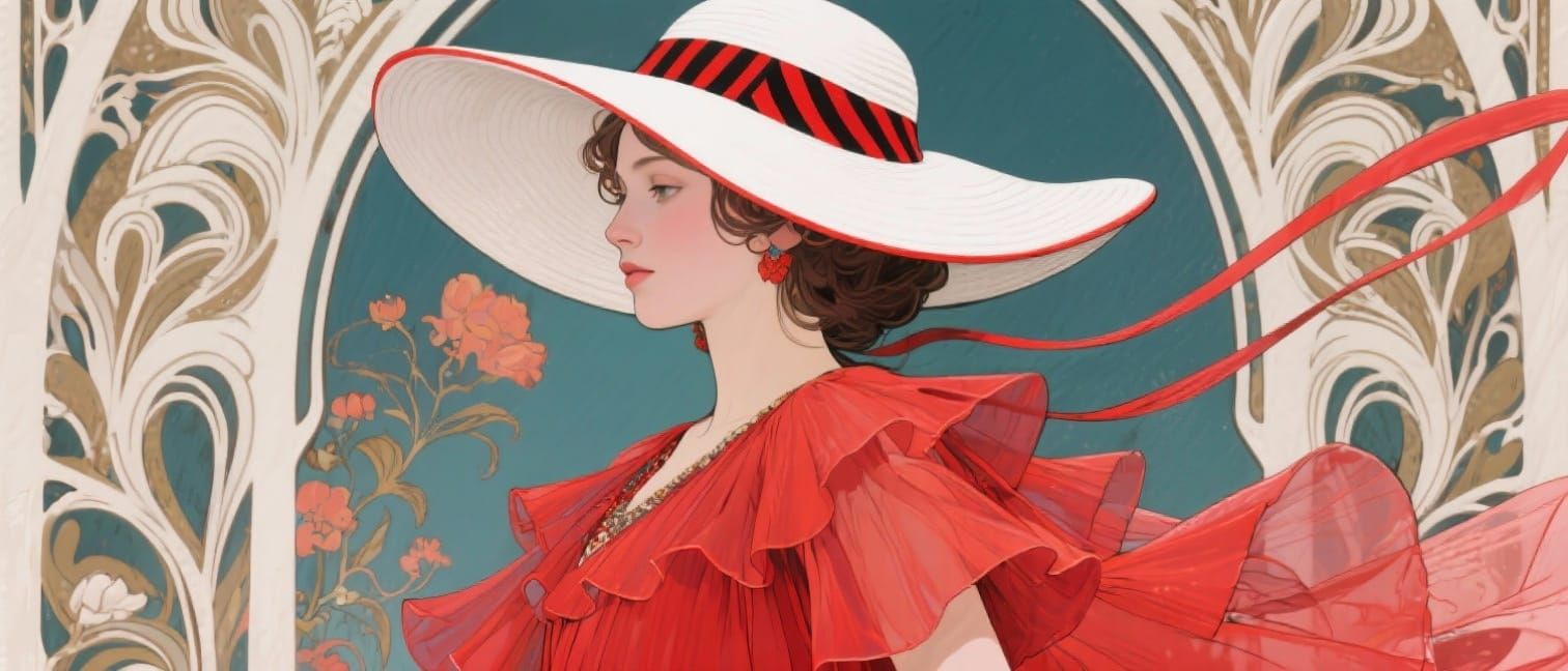 Woman in Wide Brimmed Hat and Red Dress