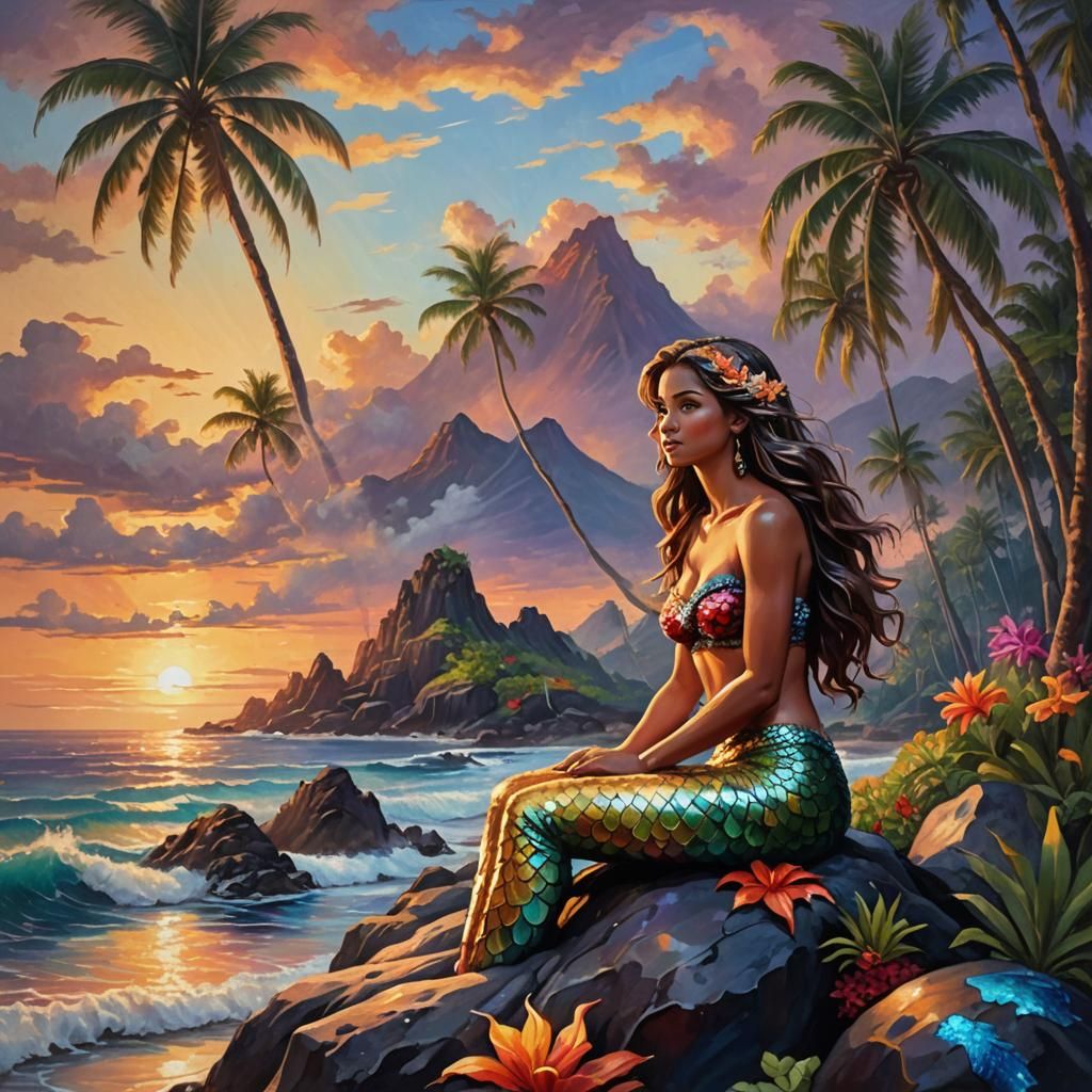 Mermaid on Hawaiian Beach at Sunset: Oil Painting