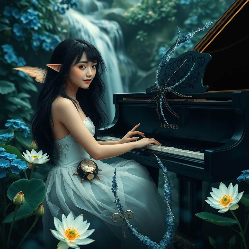 Fairy at Piano in Mystical Garden, in Sargent Style