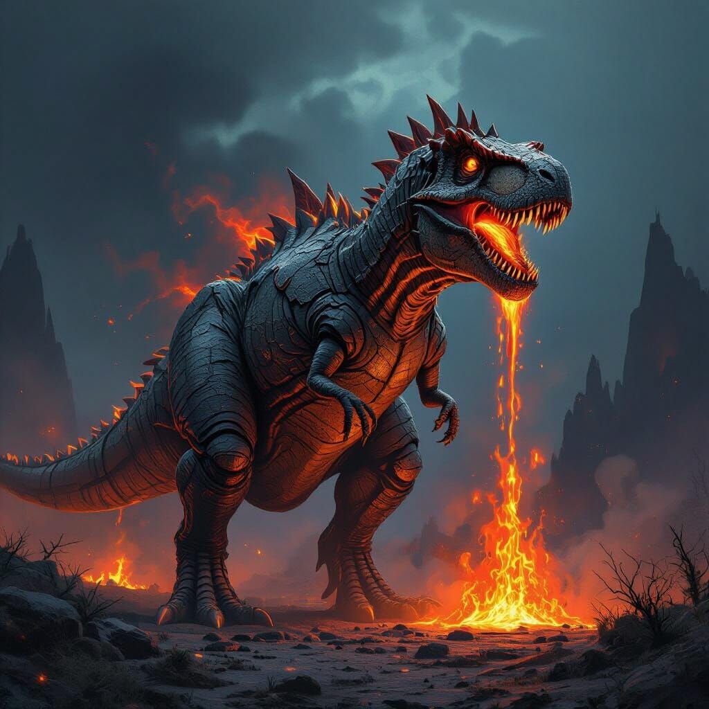 Fiery T-Rex in Dystopian Landscape