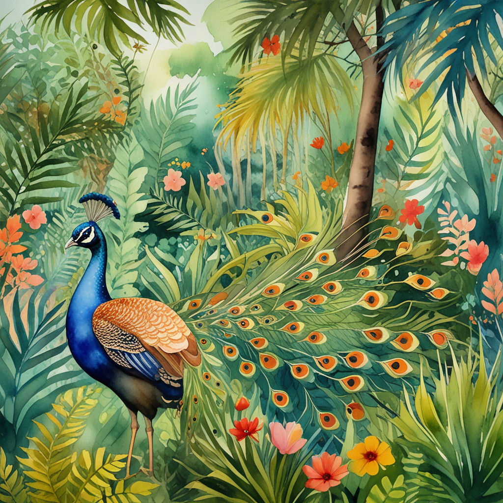 A peacock runs away from a little curly haired boy