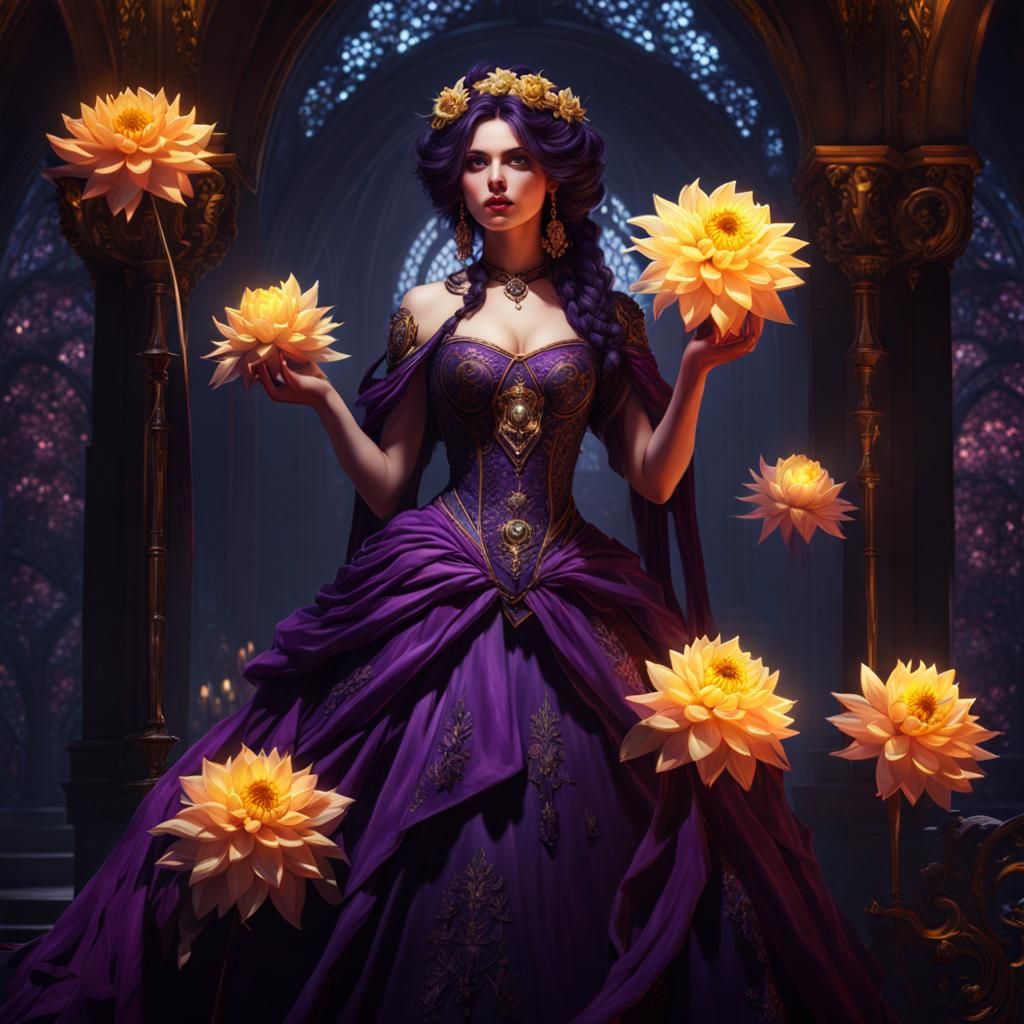 Gothic Girl with Glowing Dahlia in Dark Fantasy Art
