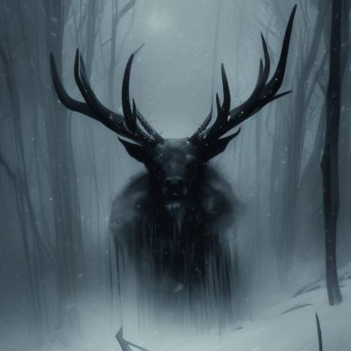 Demonic Elk God in Snow Storm: Gothic Noir