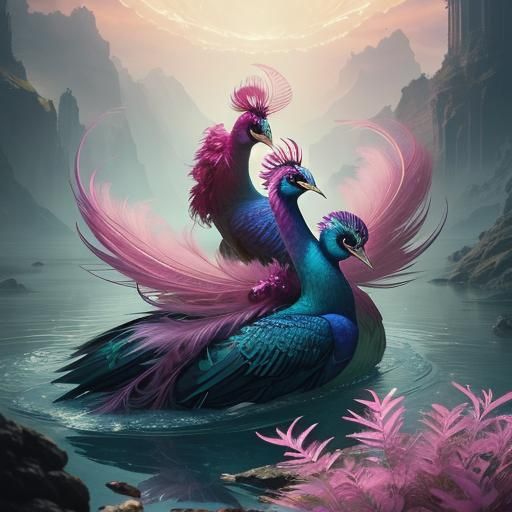 Mystical Women with Pink Peacock Feathers