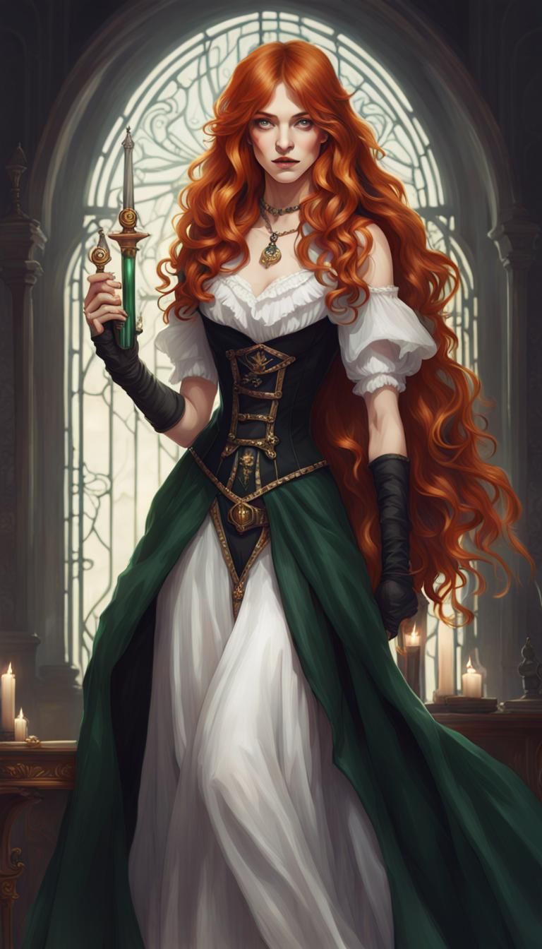Neo-Victorian Redhead Sorceress with Sword and Wand