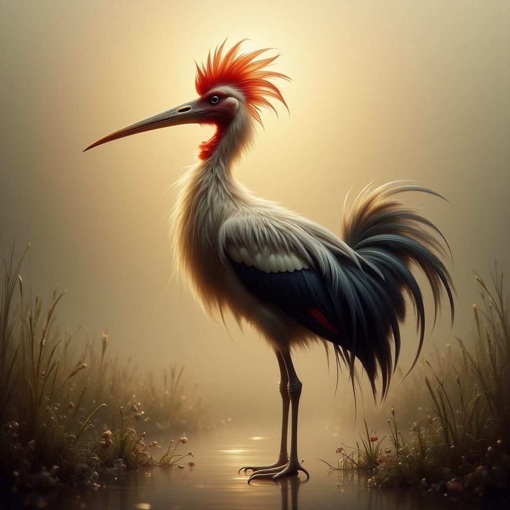 Majestic Chimera in Misty Wetland at Dawn