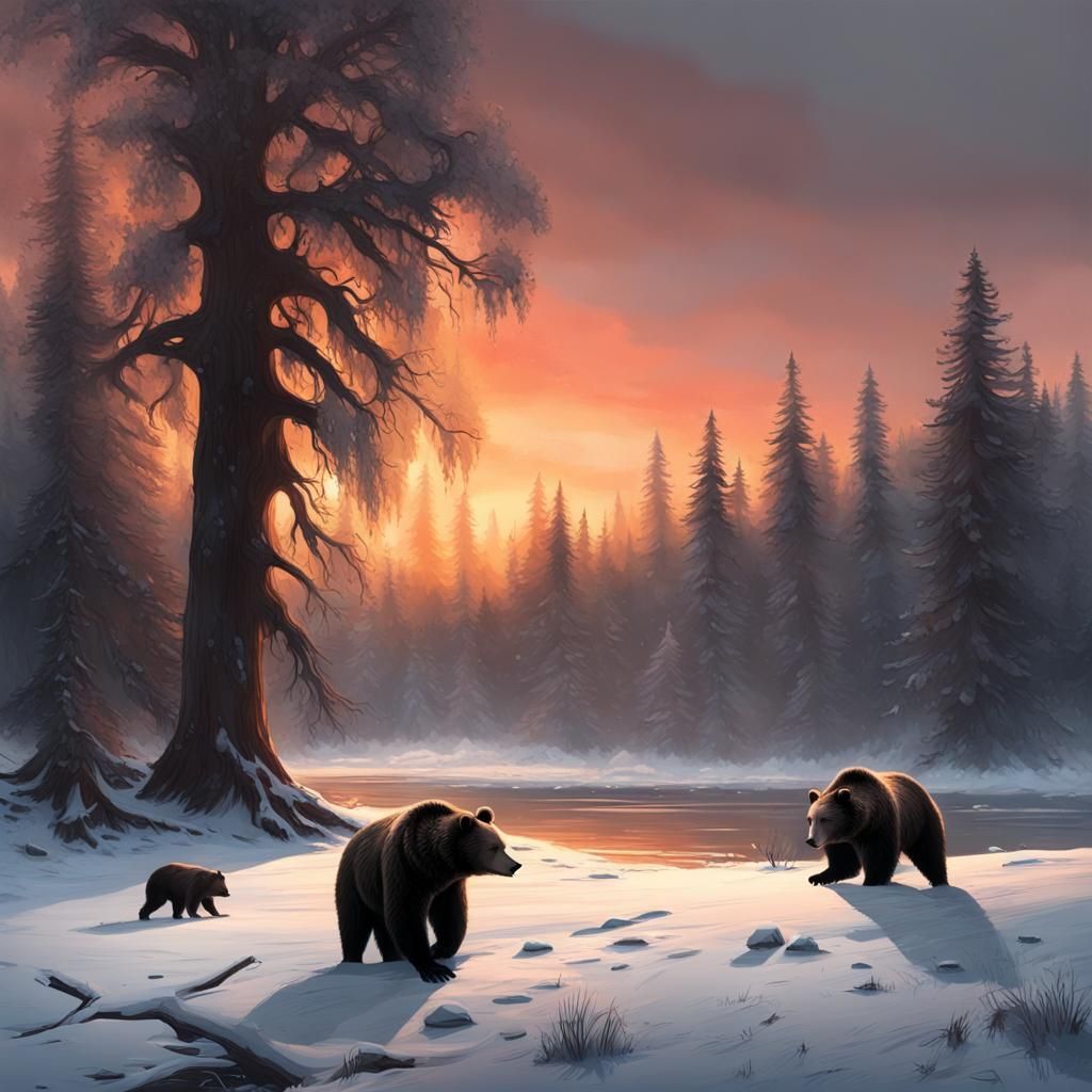 Bear family in the winter sunset