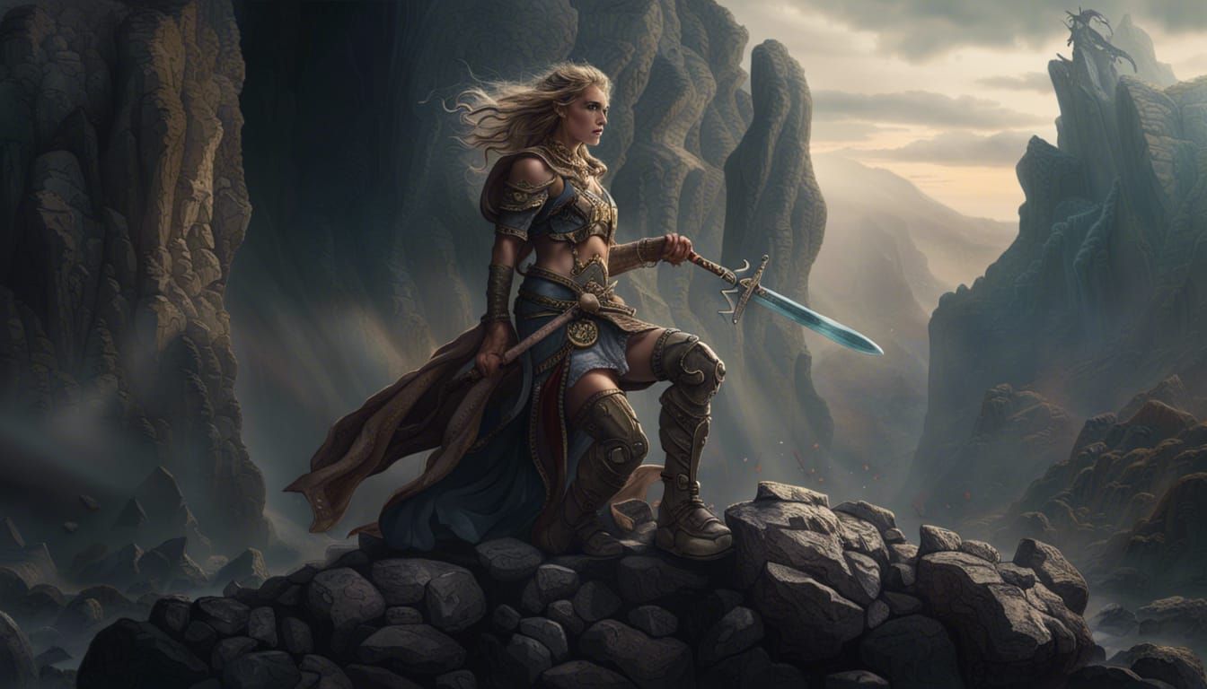Epic Warrior Maiden and Sword in Stone