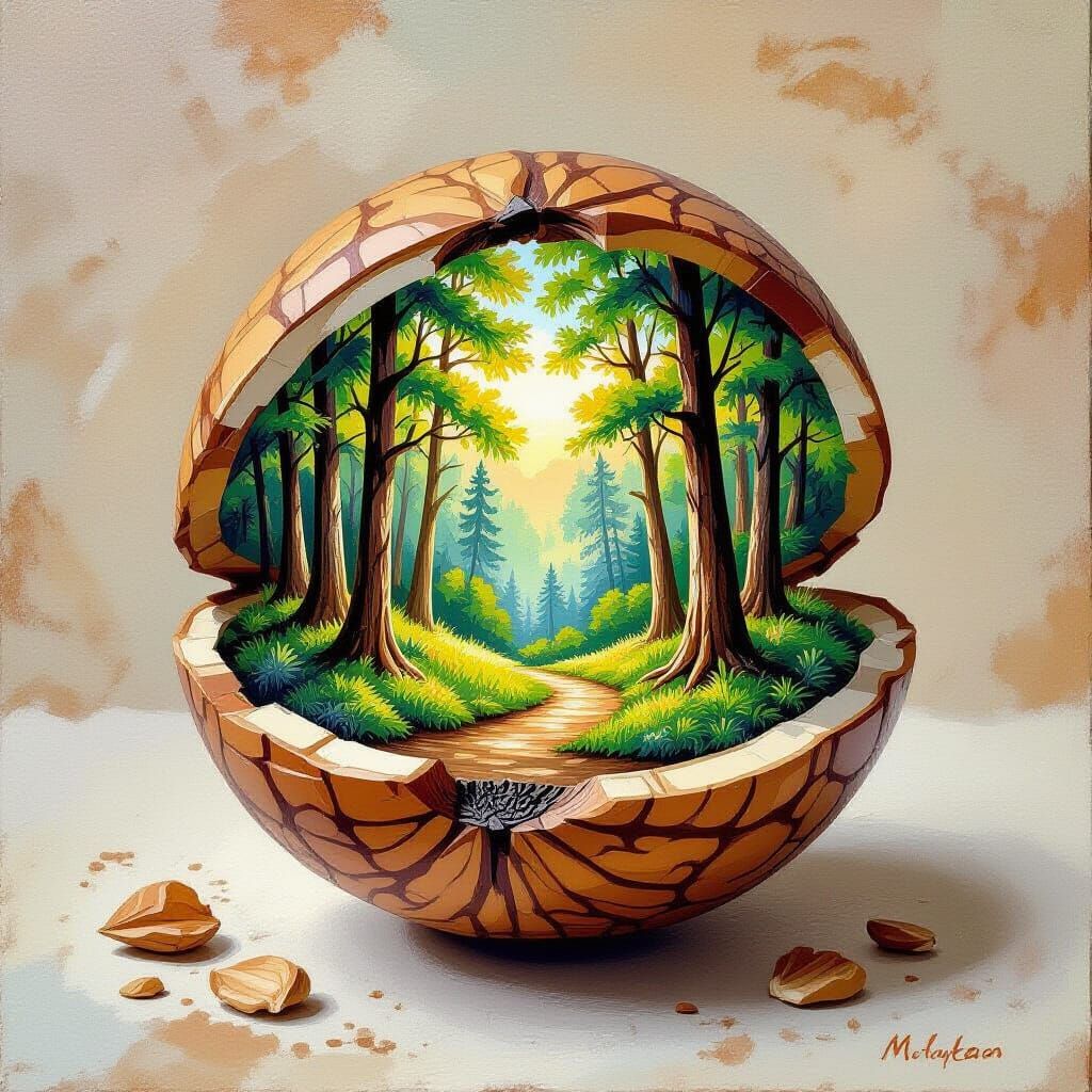 Miniature Forest Inside Walnut Shell in Gouache Style