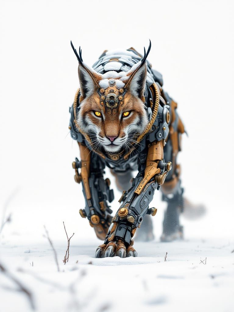 Steampunk Lynx in Snowy Landscape with Intricate Machinery