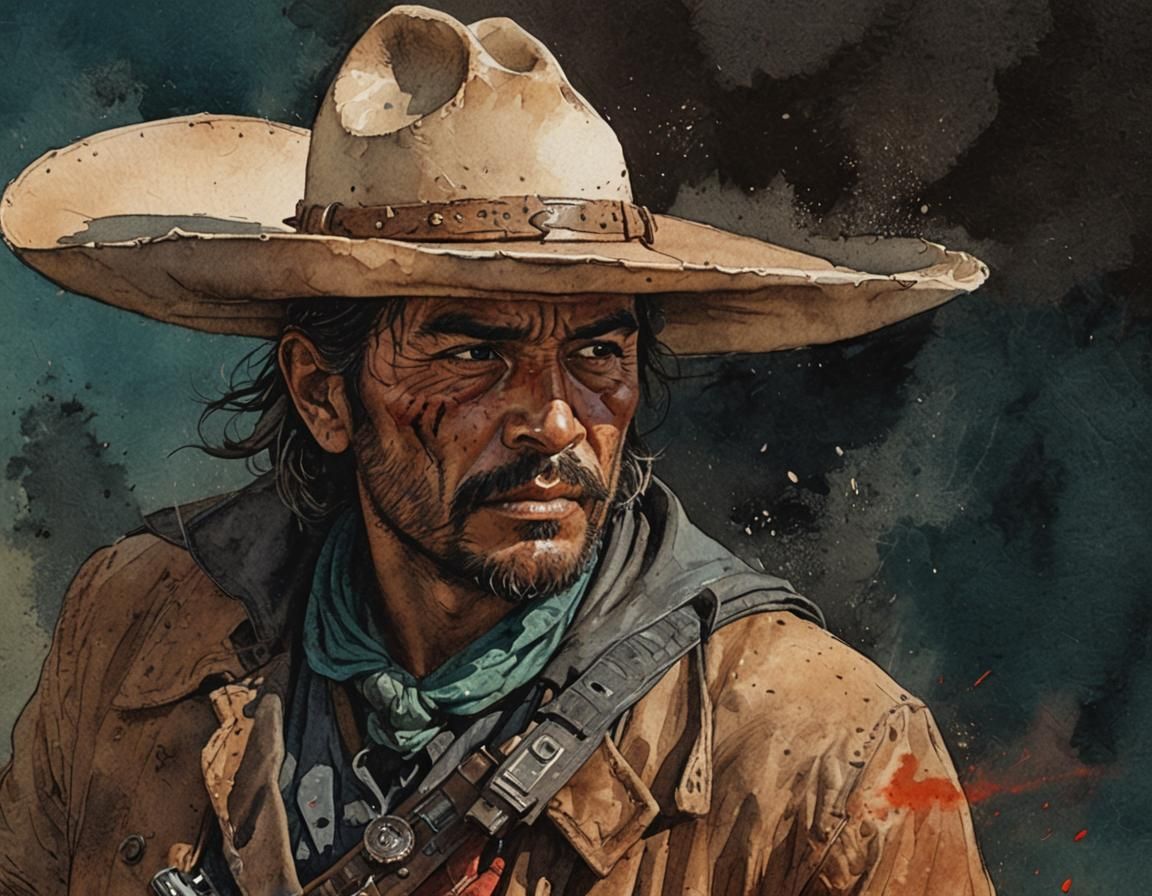Mexican Bandit Portrait in Watercolor Comic Style