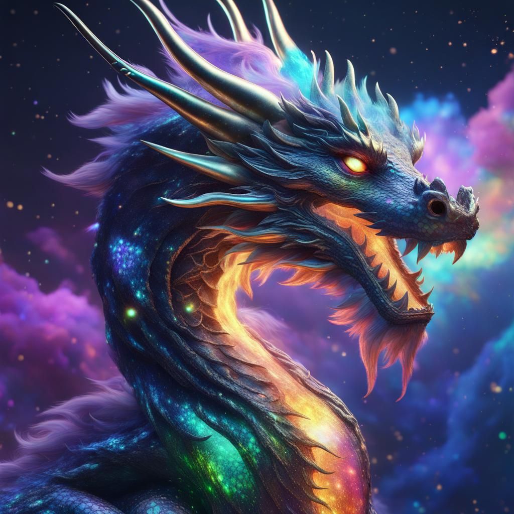 Oriental Dragon with Bioluminescent Galaxy, Detailed Matte P...