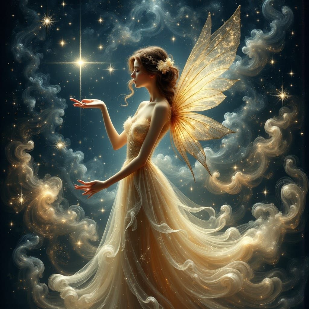 Whimsical Fairy Reaches for You Under Starry Night Sky