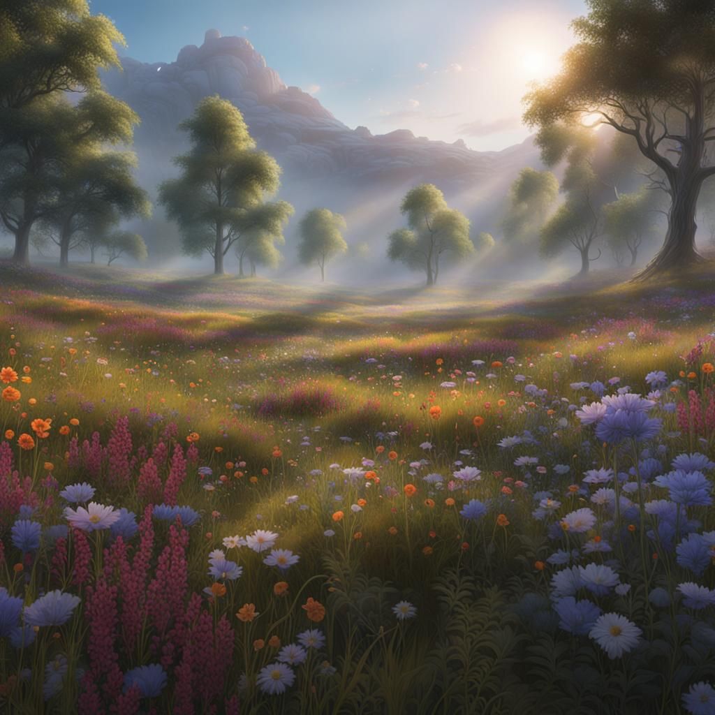 Wildflower Meadow Emerging from Morning Mist