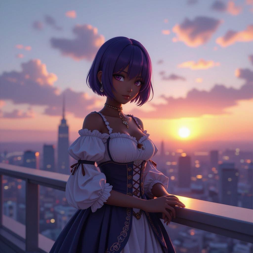 Anime Girl on Skyscraper Terrace at Sunset