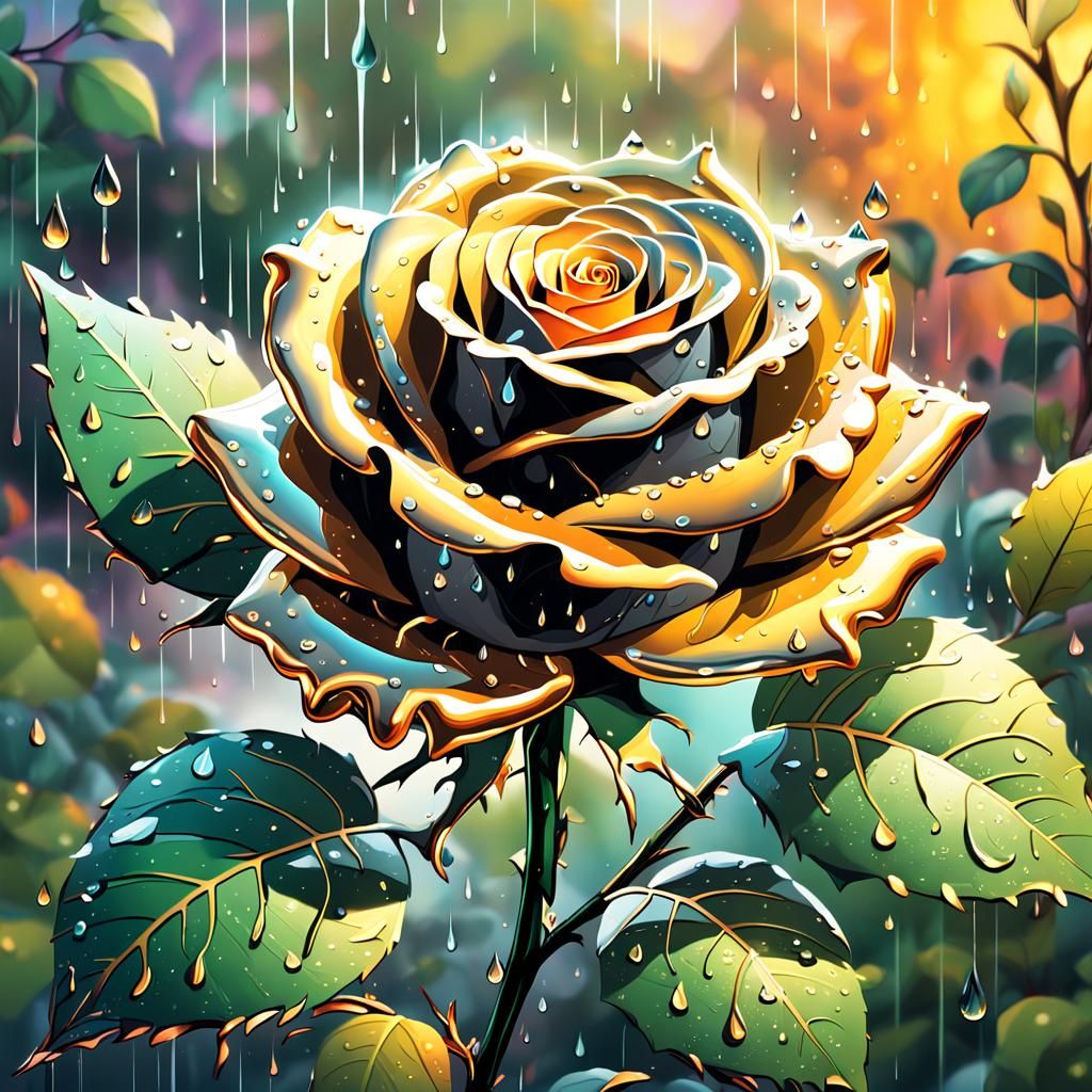 Detailed Black and Gold Rose in Spring Landscape