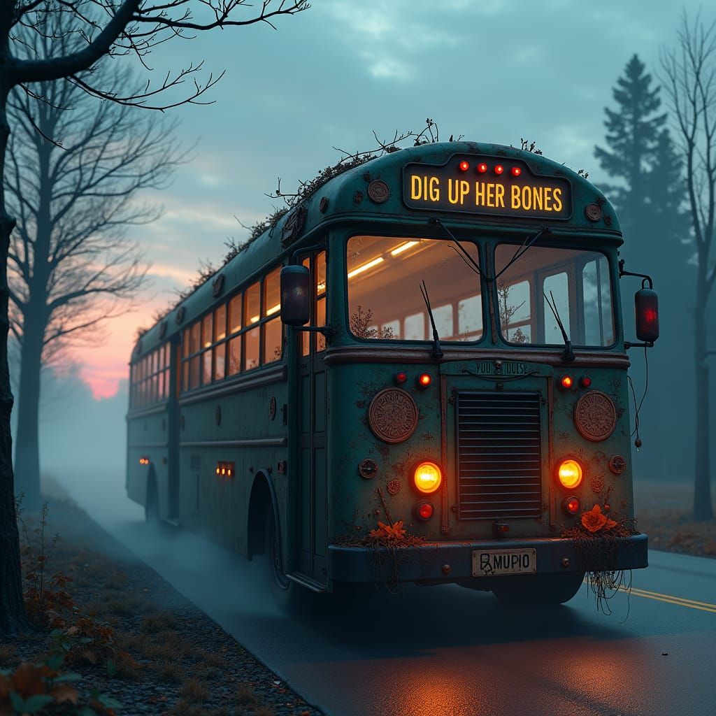 Mystical Bus on Eerie Road, Digital Art