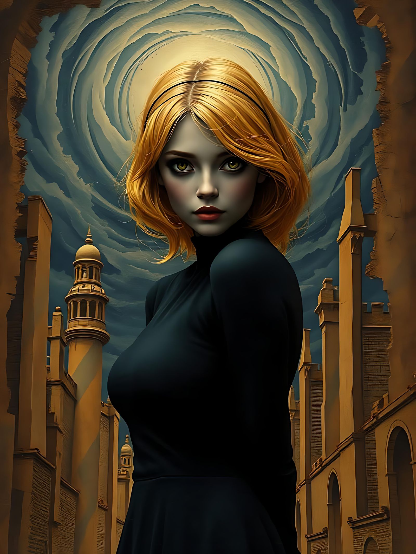 Figure with Gold Hair in Dreamlike Collage