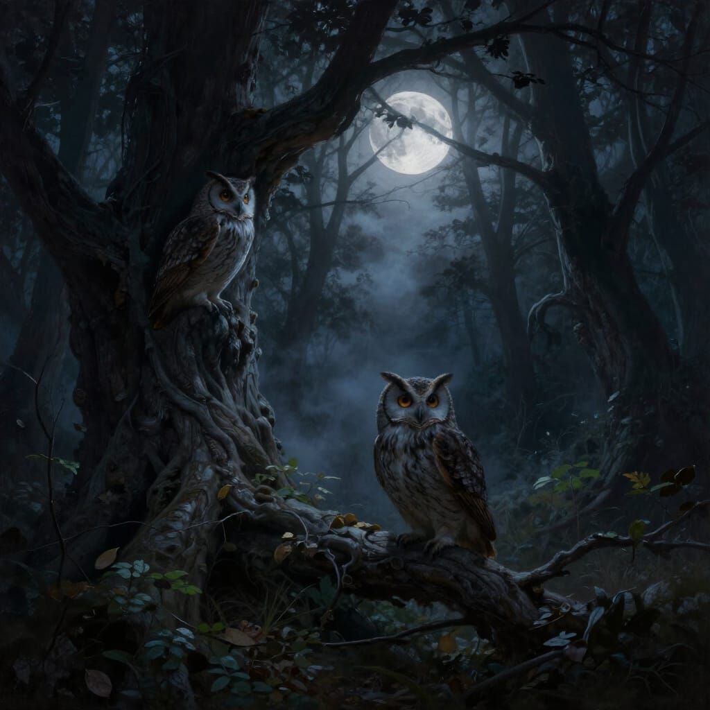 Ethereal Woodland Night Owls in Shadowy Forest
