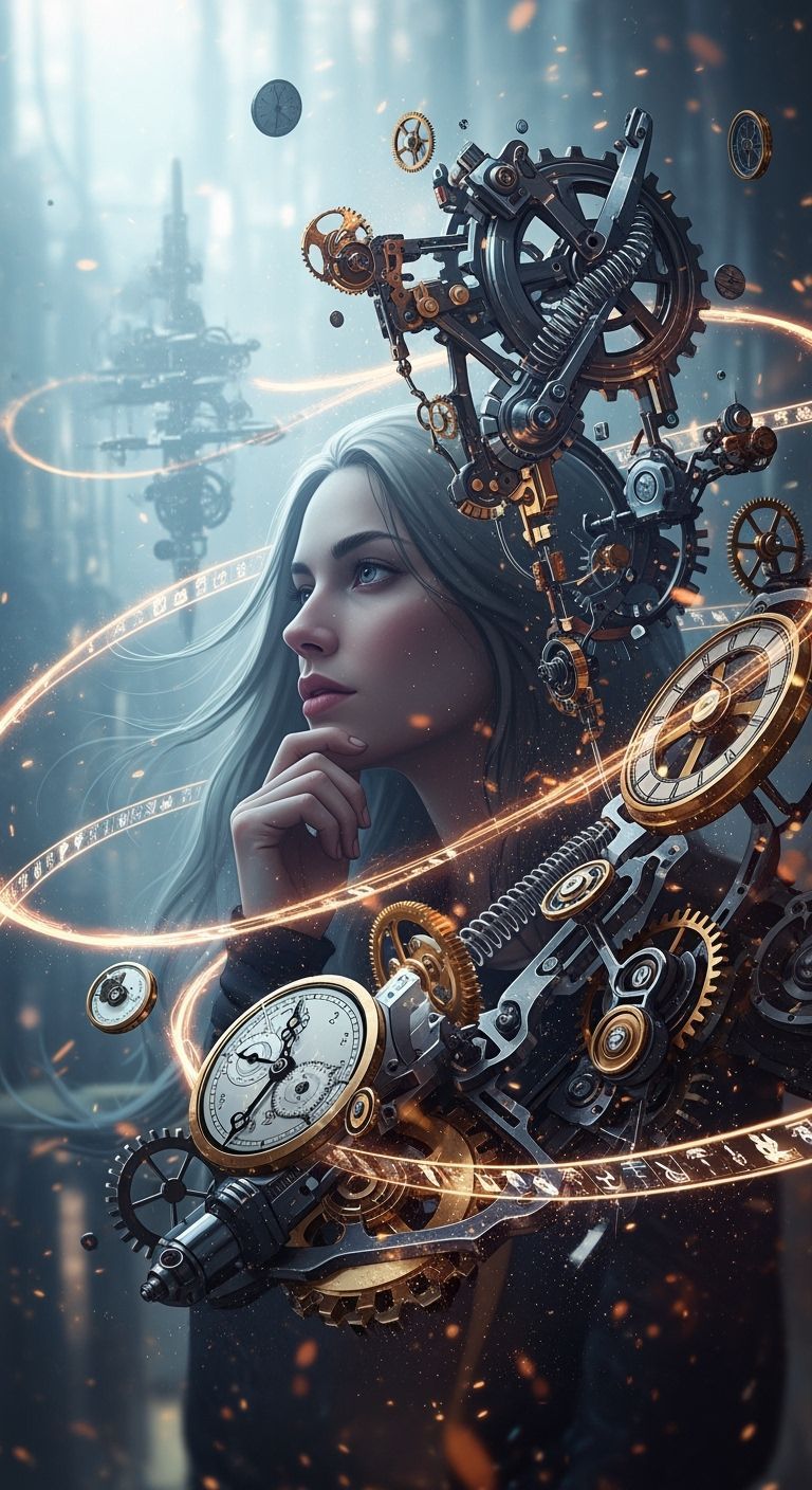 Contemplative Woman Surrounded by Clockwork Timelines