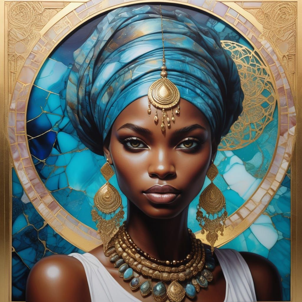 Nubian Girl Portrait in Alcohol Ink Glasswork Style