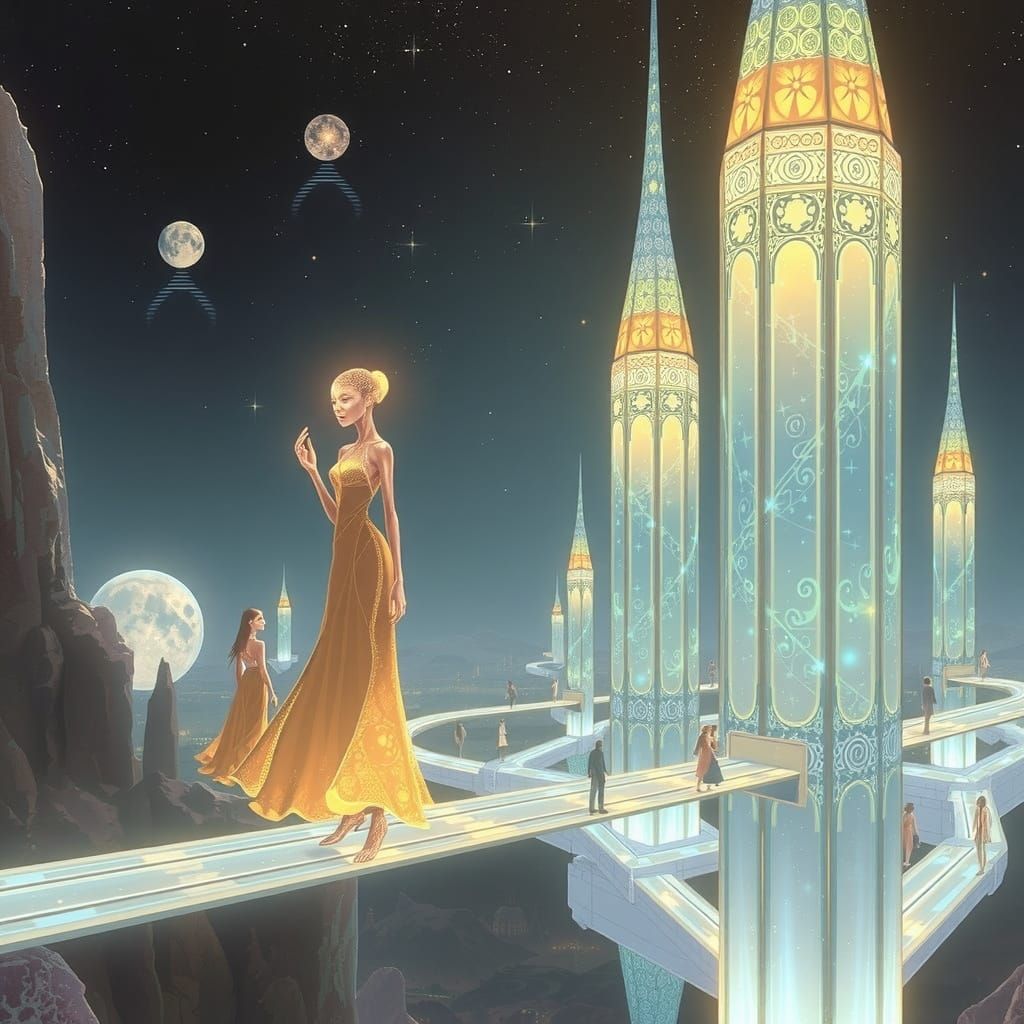 Futuristic Cityscapes with Glowing Beings and Crystal Buildi...