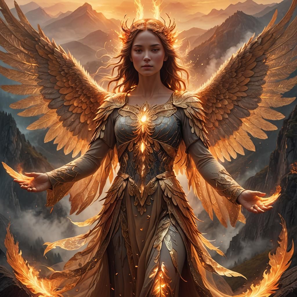 Fire Angel in Misty Valley: Ethereal Digital Art