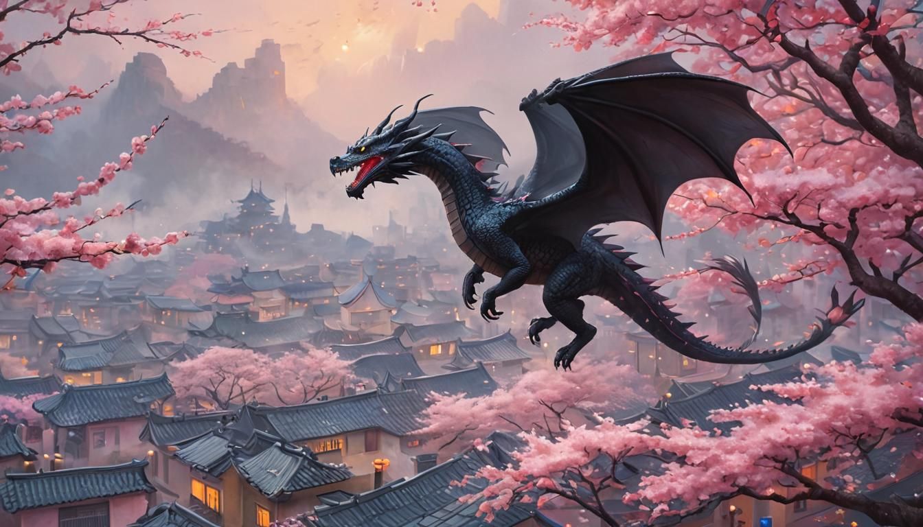 Black Dragon Flies Over Sakura City: Surreal Oil Painting