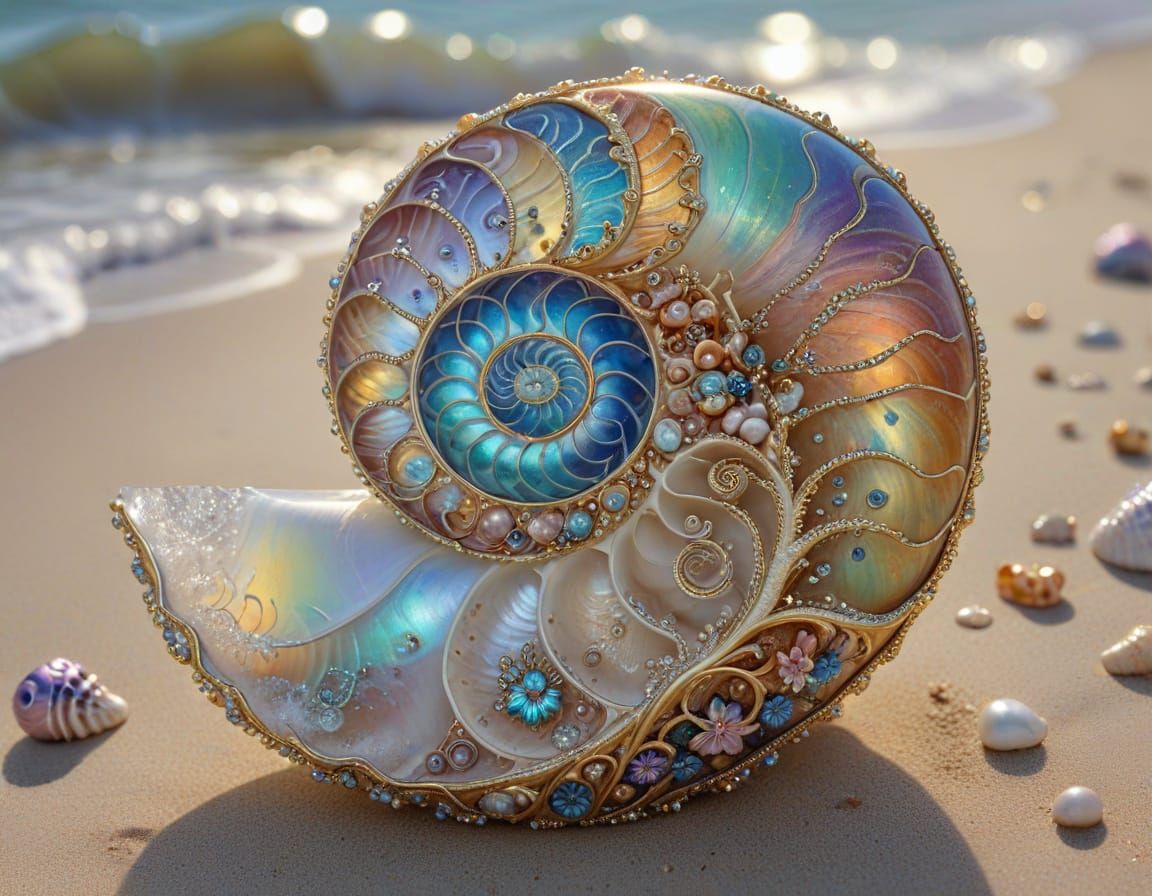 Bejeweled Nautilus on Beach, Porcelain & Gold Accents