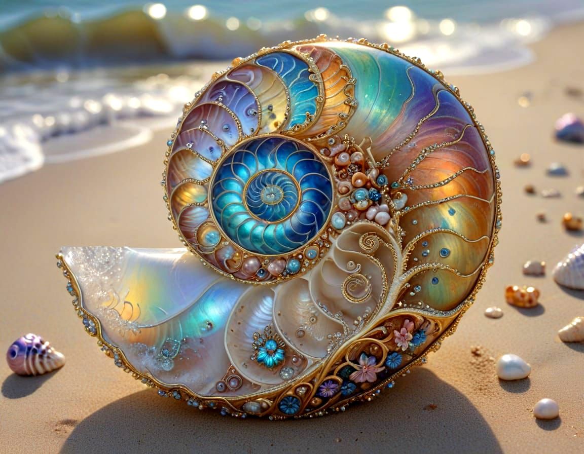 Bejeweled Nautilus on Beach, Porcelain & Gold Accents