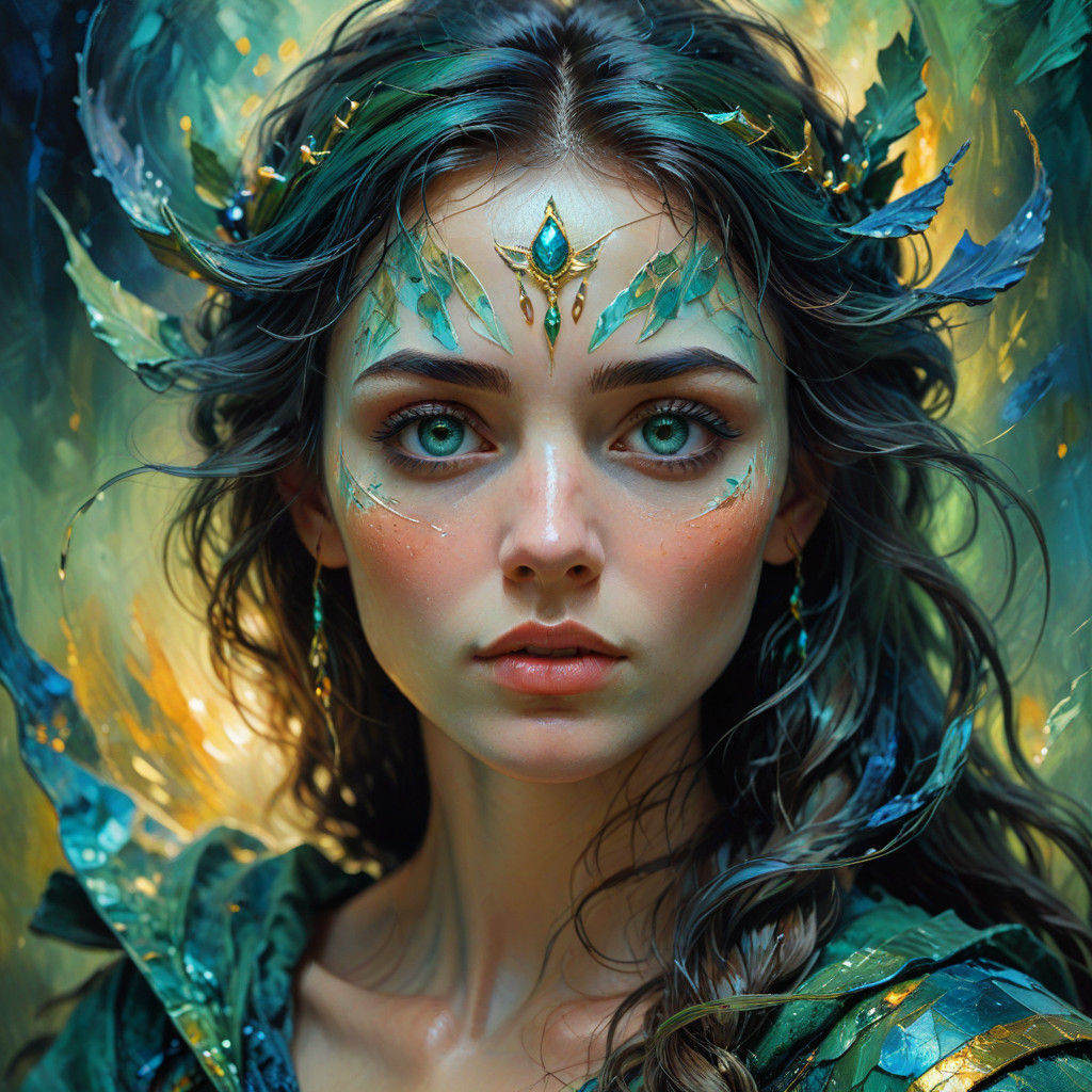 Mystical Portrait of Morgan le Fay in Vibrant, Iridescent Co...