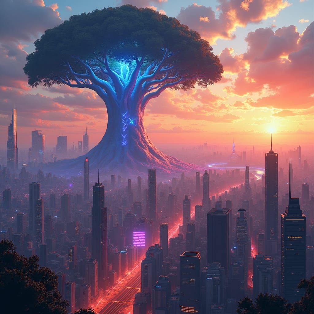 Futuristic Cityscape at Dusk: Vibrant Fantasy Landscape