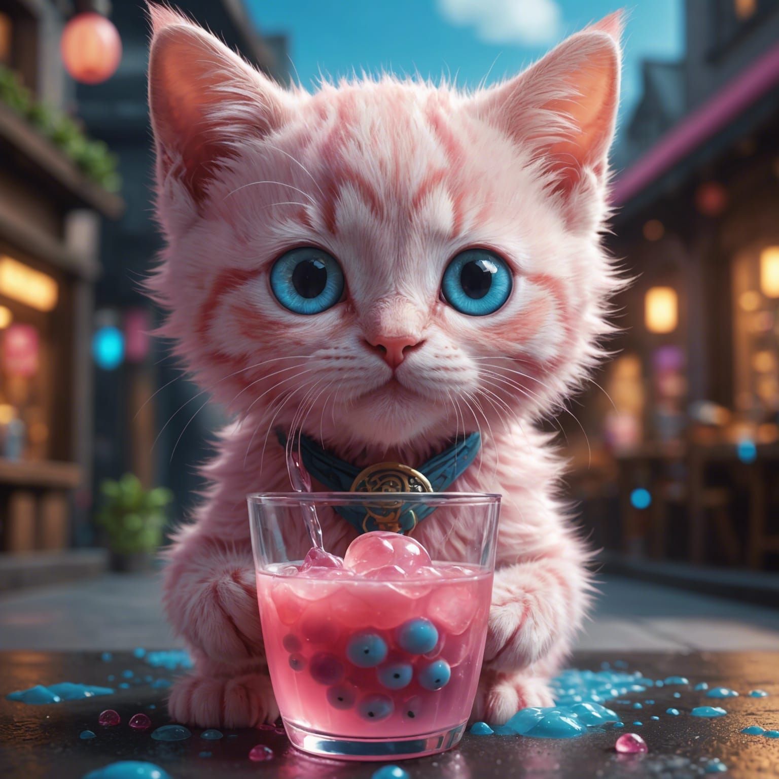 Pink Kitten Drinking Boba: Detailed Digital Painting