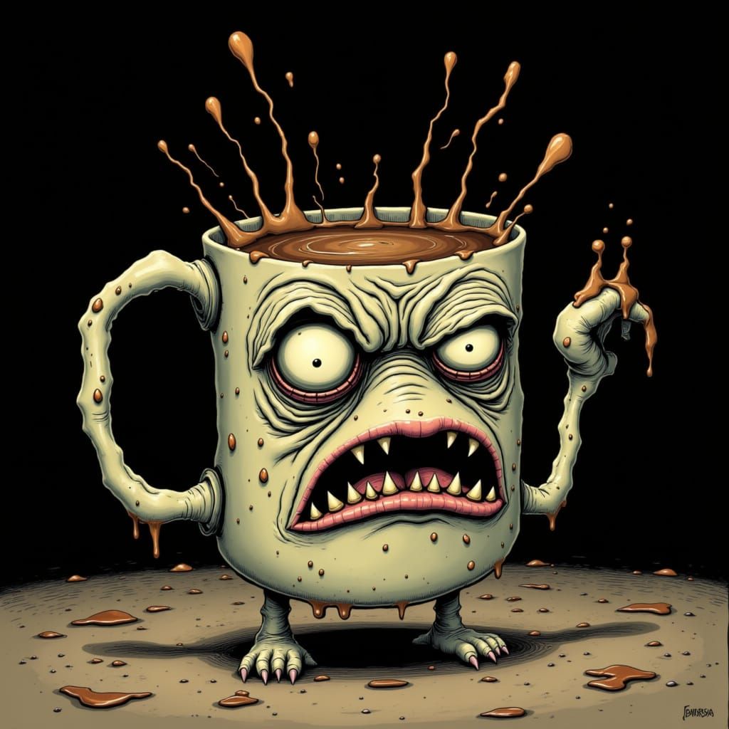 Exhausted Anthropomorphic Coffee Mug in Grotesque Cartoon St...