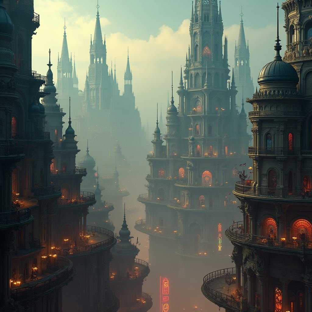Cyberpunk Victorian Metropolis in Perpetual Twilight