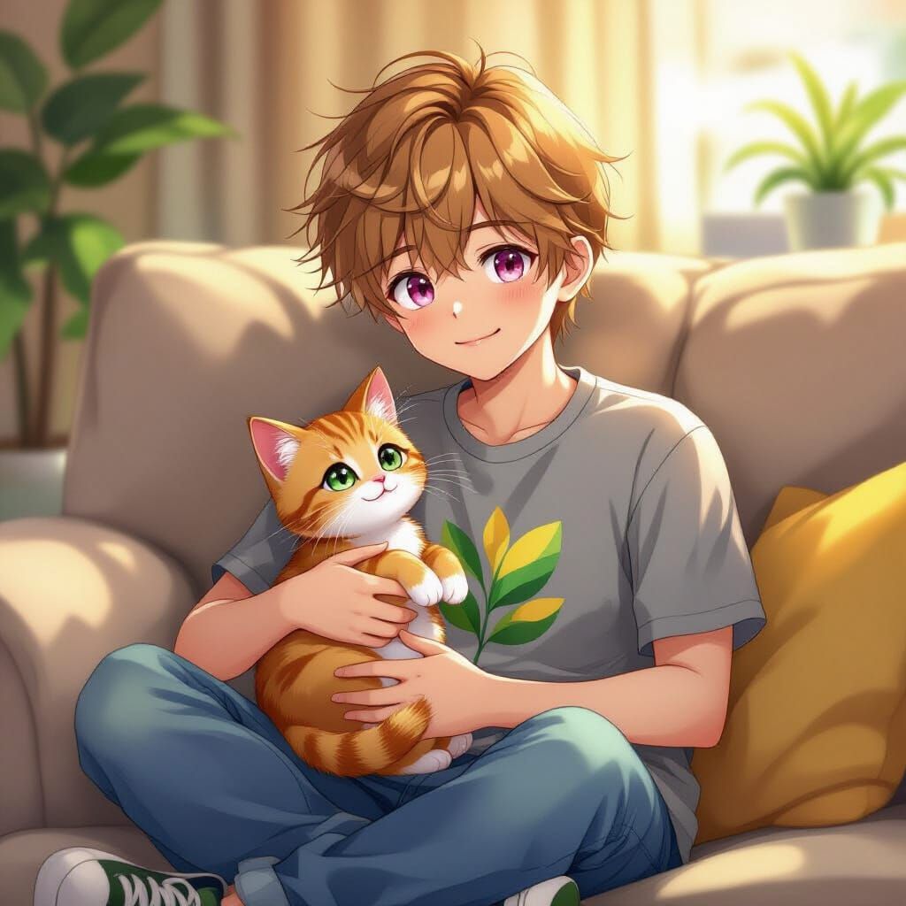 Adorable Orange Kitten in Boy's Lap, Anime Style