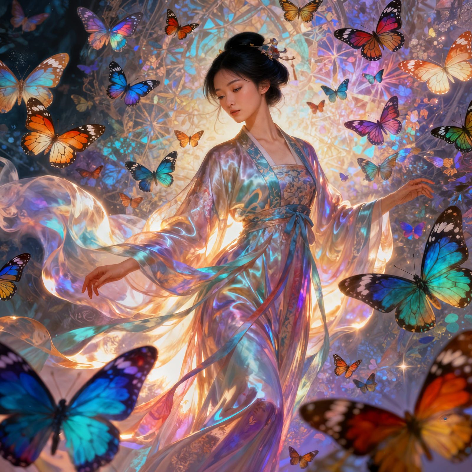 Asian Woman with Butterflies in Surreal Whimsical Style
