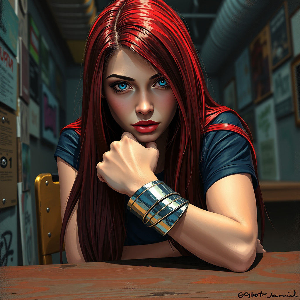 Woman with Red-Brown Hair in Graffiti Street Art Style