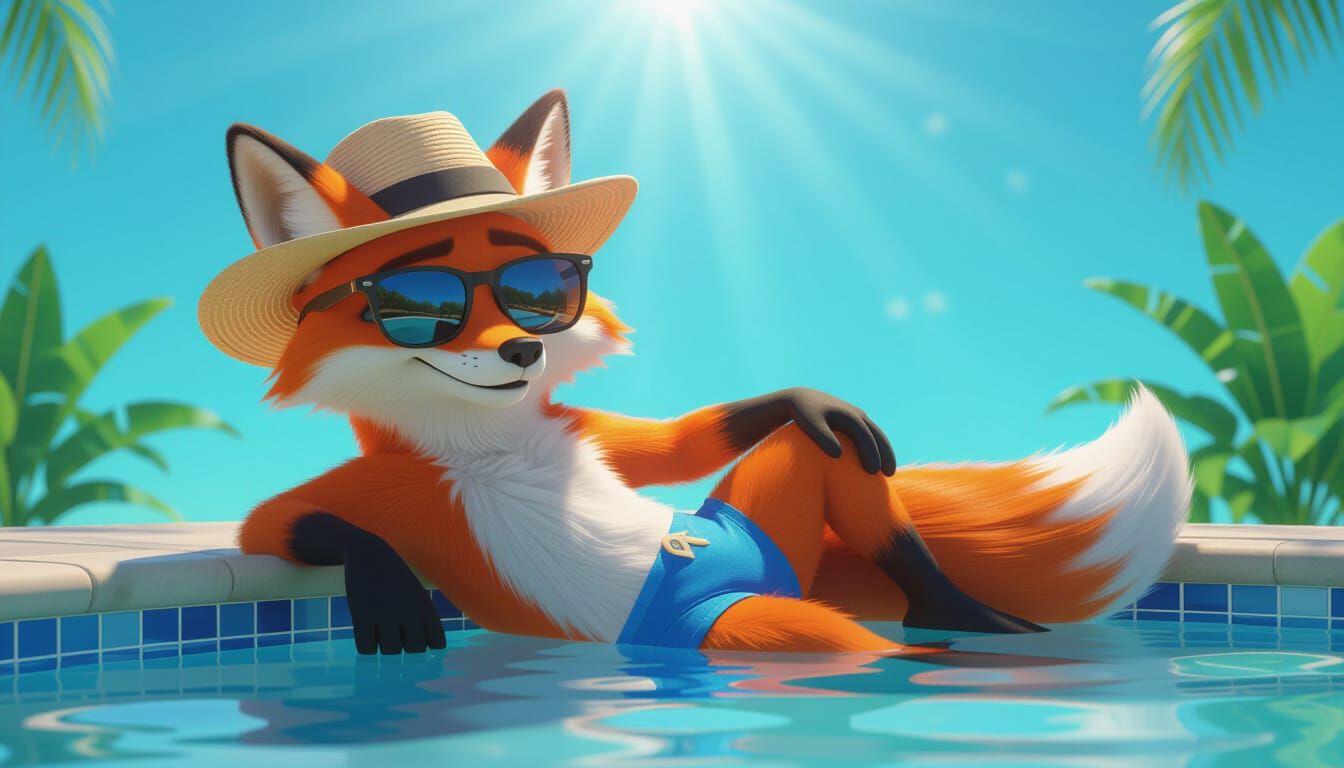 Fox Lounging Poolside in Vibrant 3D Digital Art