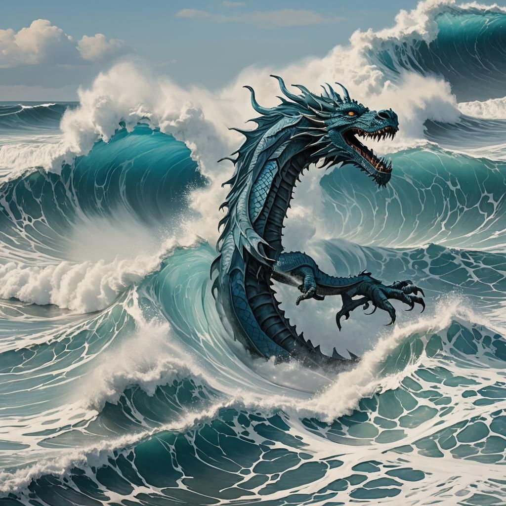 Surfer Rides Dragon Wave: Photorealistic Blue Sky