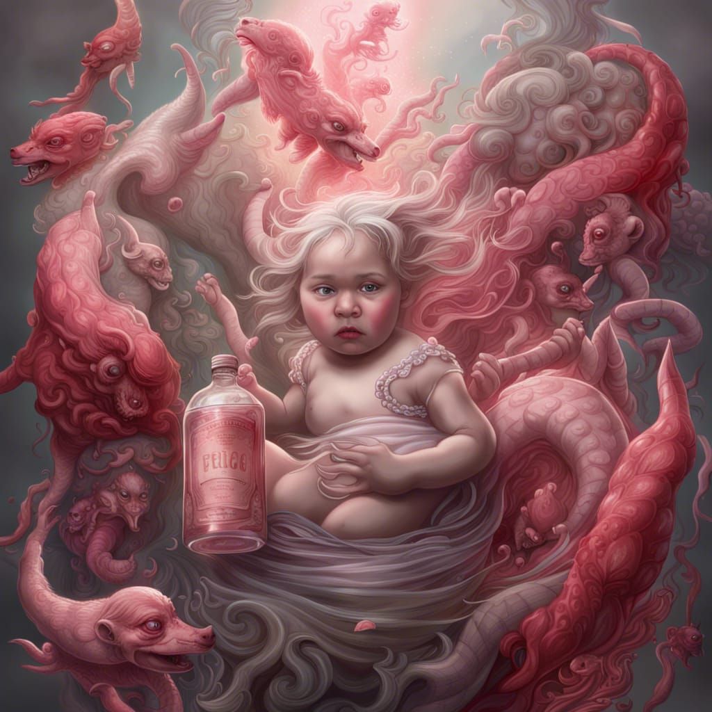 Penanggalan mythical creature with a vinegar bottle drowning infants in her blood in light grey and scarlet and light pi...