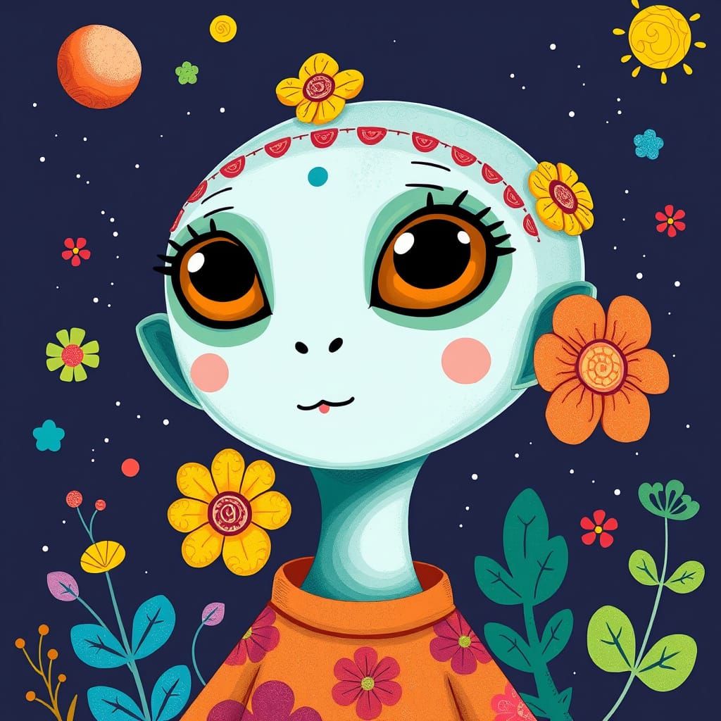 Whimsical Naive Art Alien Girl in Folk Art Style