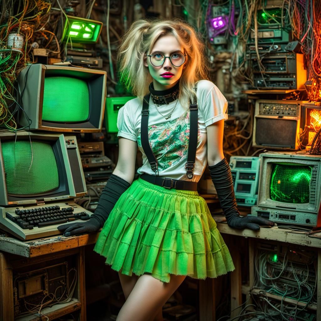 Playful Blond Girl in Neon-Lit Tech Room