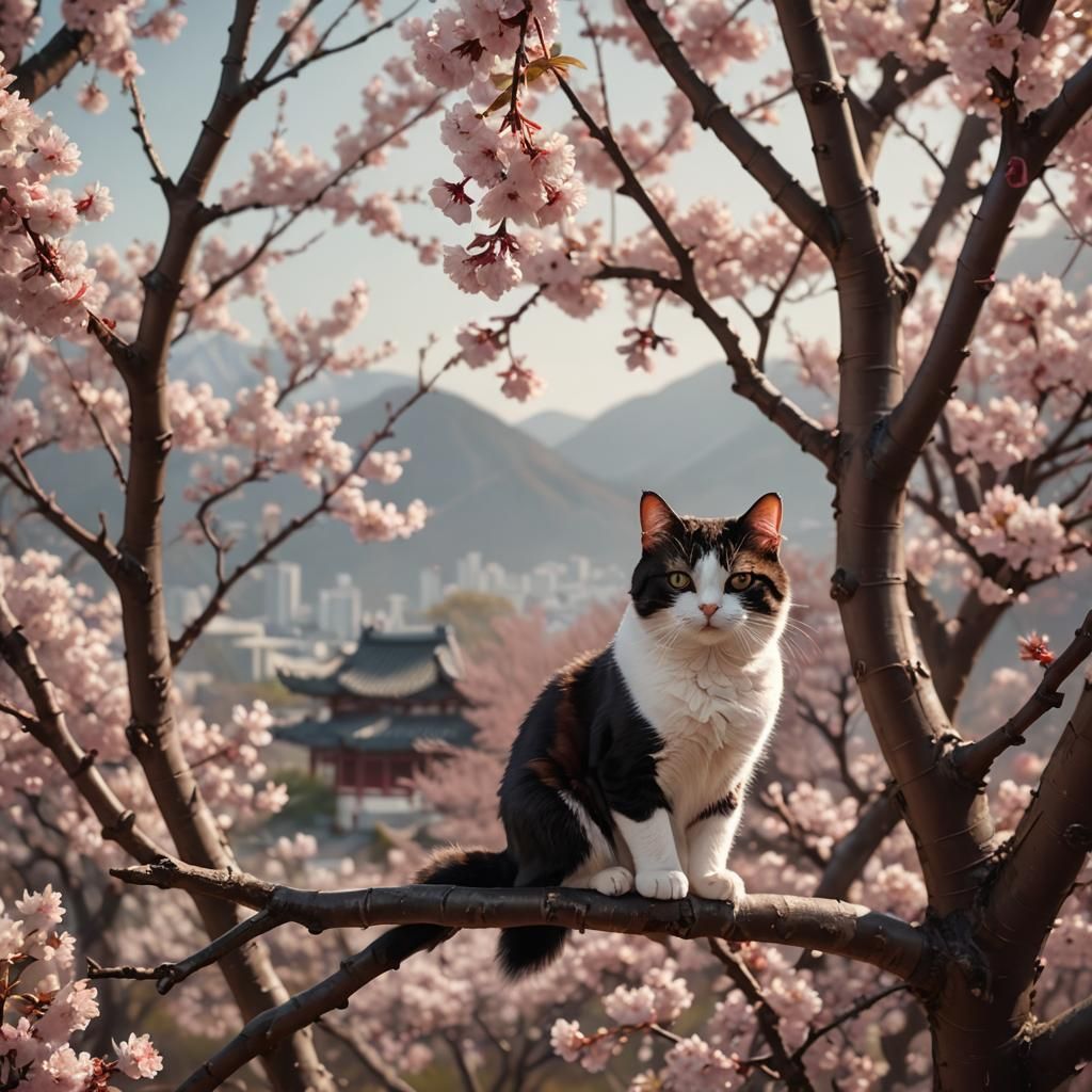 Serene Winter Landscape with Cat Amidst Cherry Blossoms