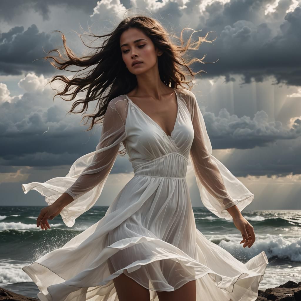 Sensual Brunette in White Dress by Stormy Sea